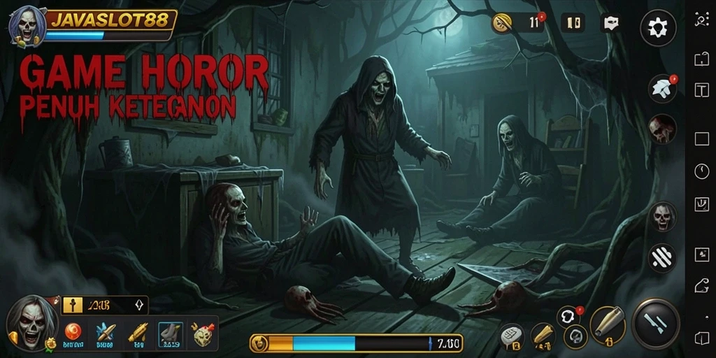 Screenshot menakutkan dari gameplay JAVASLOT88 yang menunjukkan suasana horor.