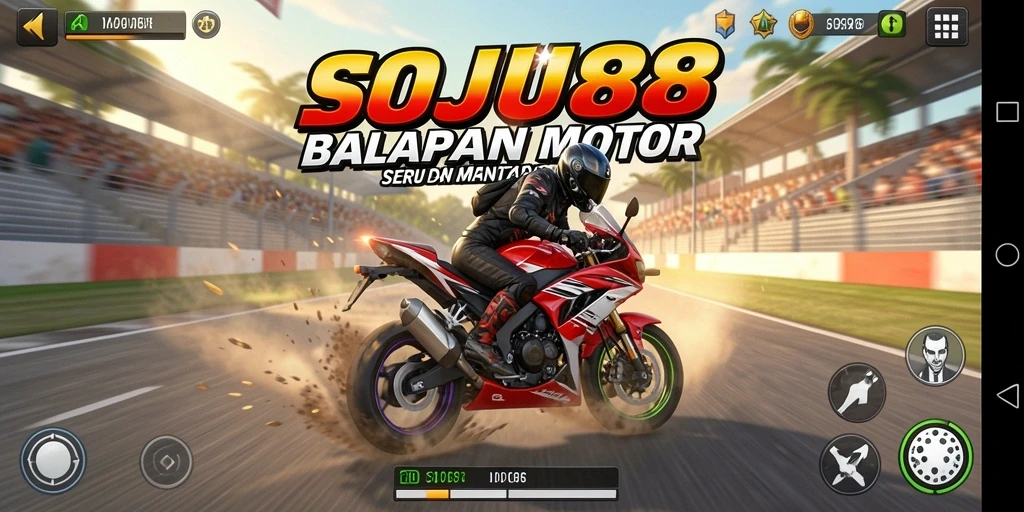Gameplay seru di SOJU88 dengan balapan motor intens.