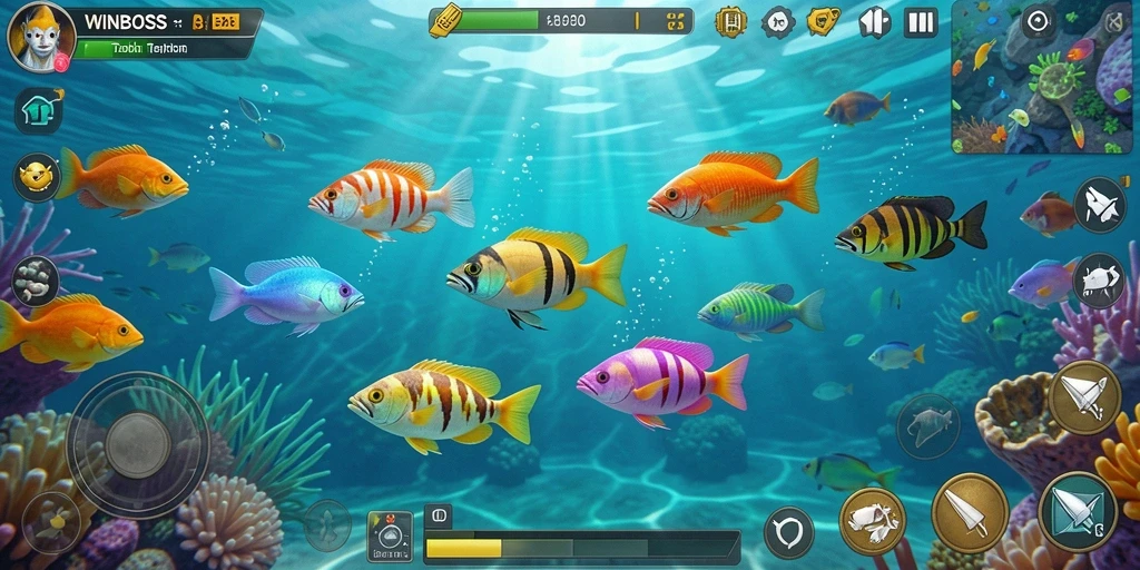 Tangkapan layar gameplay <strong>WINBOSS</strong> menampilkan aksi menembak ikan yang seru.