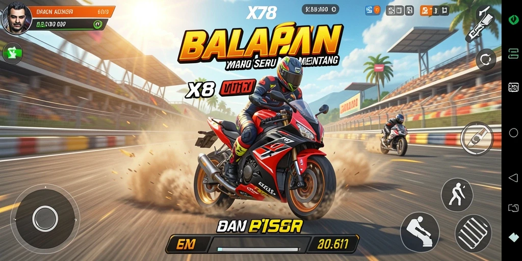 Screenshot X78 menampilkan aksi balapan motor yang mendebarkan.