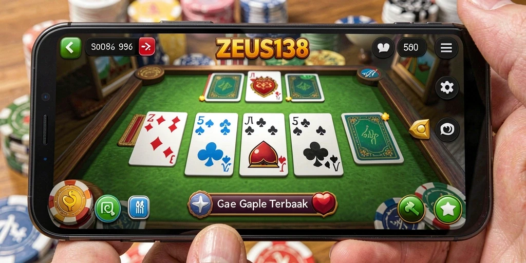 Screenshot ZEUS138 menampilkan gameplay Gaple yang seru dan interaktif.